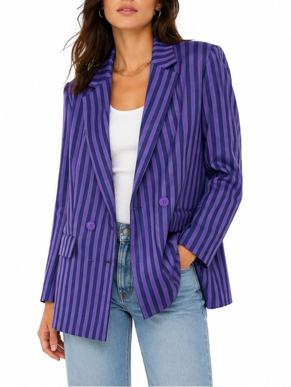 ICHI NWT Purple Striped Double Breasted Blazer Size 10 / EU 40 Statement Jacket